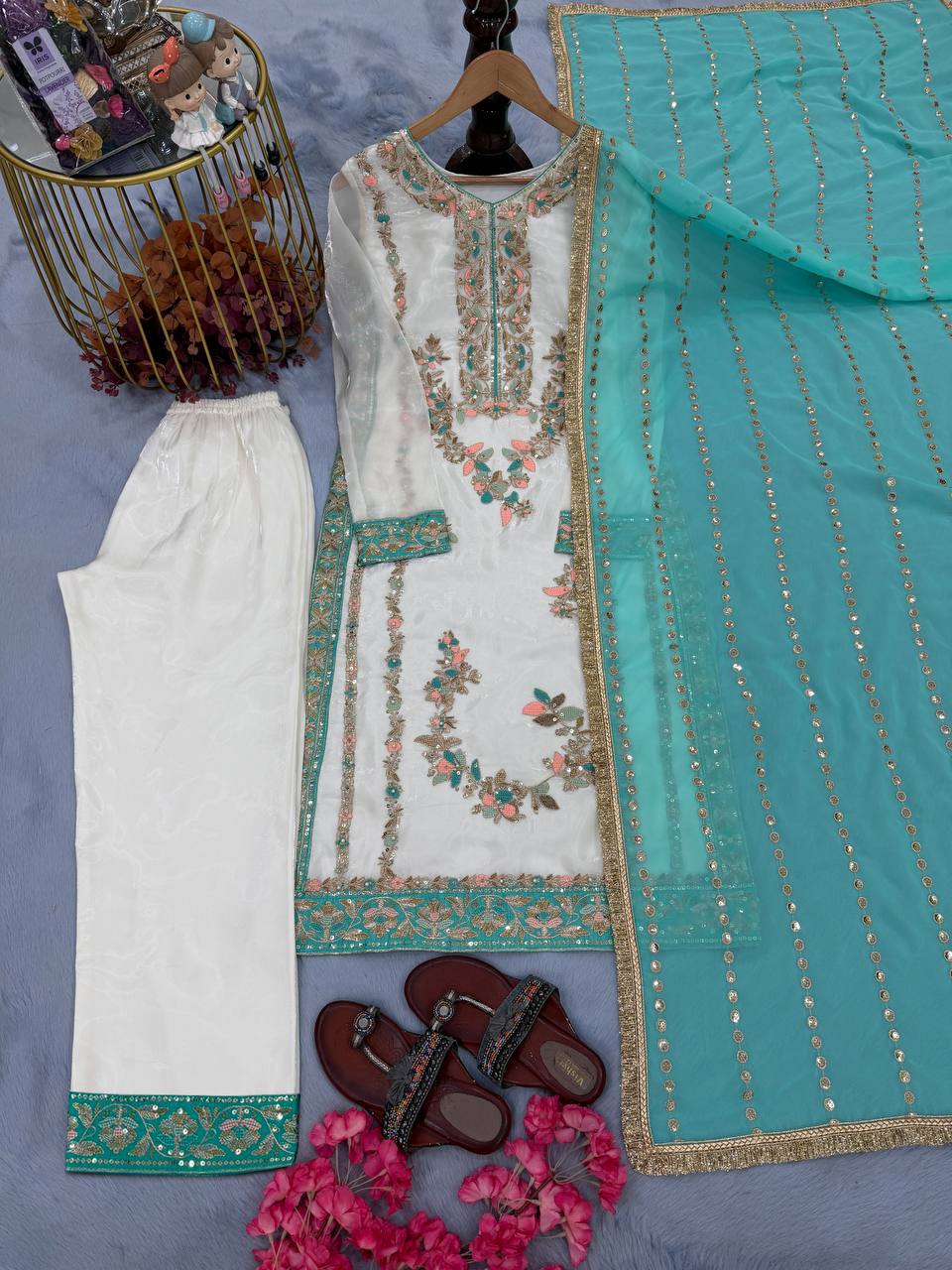 GMY Silk Sequin & Moti Embroidered Straight Pant Suit — Festive Wear