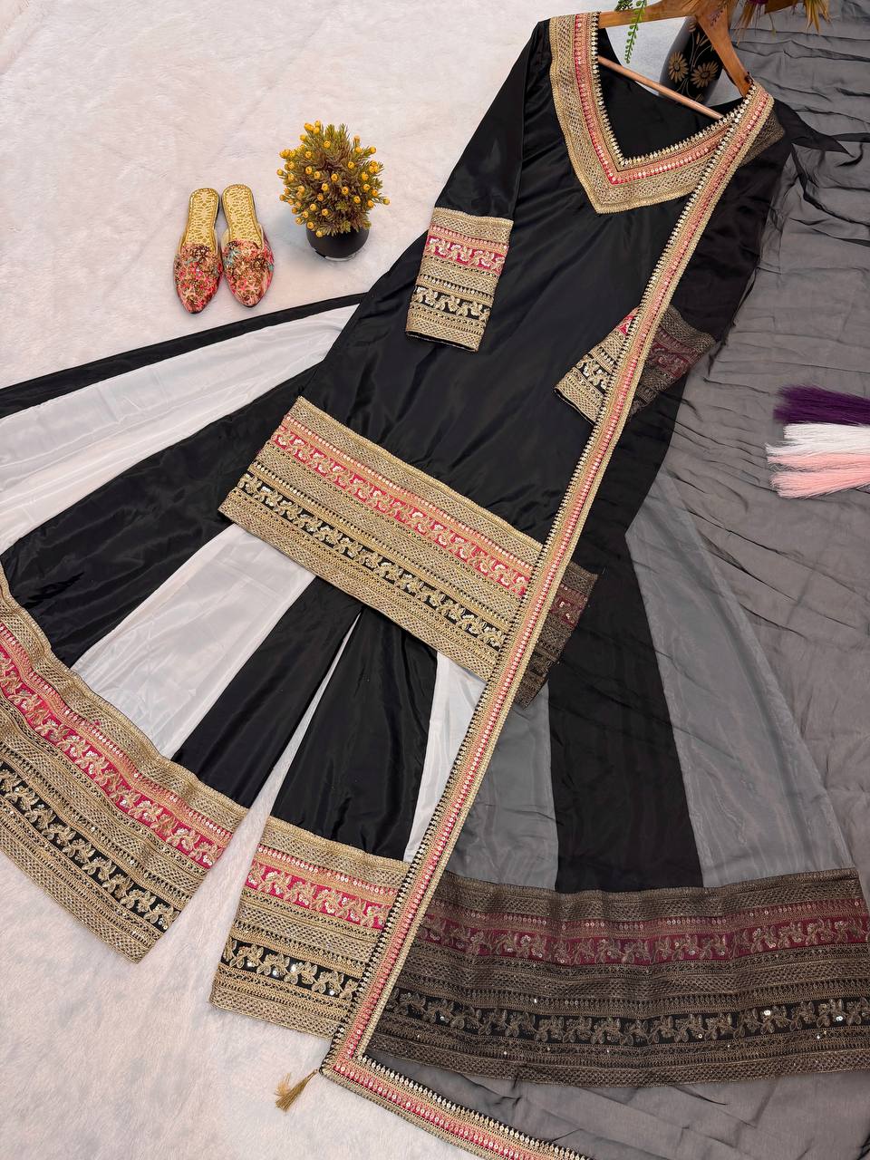 Designer Party Wear Natural Crep Silk Embroidered Top with Sharara Palazzo and Dupatta