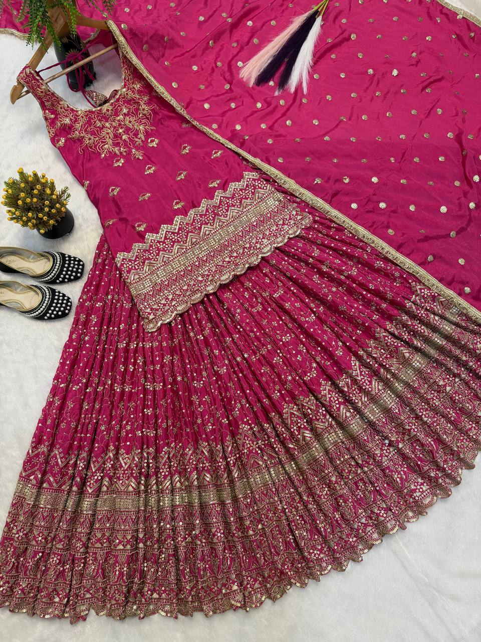 Designer Party Wear Chinon Silk Sequin Top with Lehenga and Dupatta