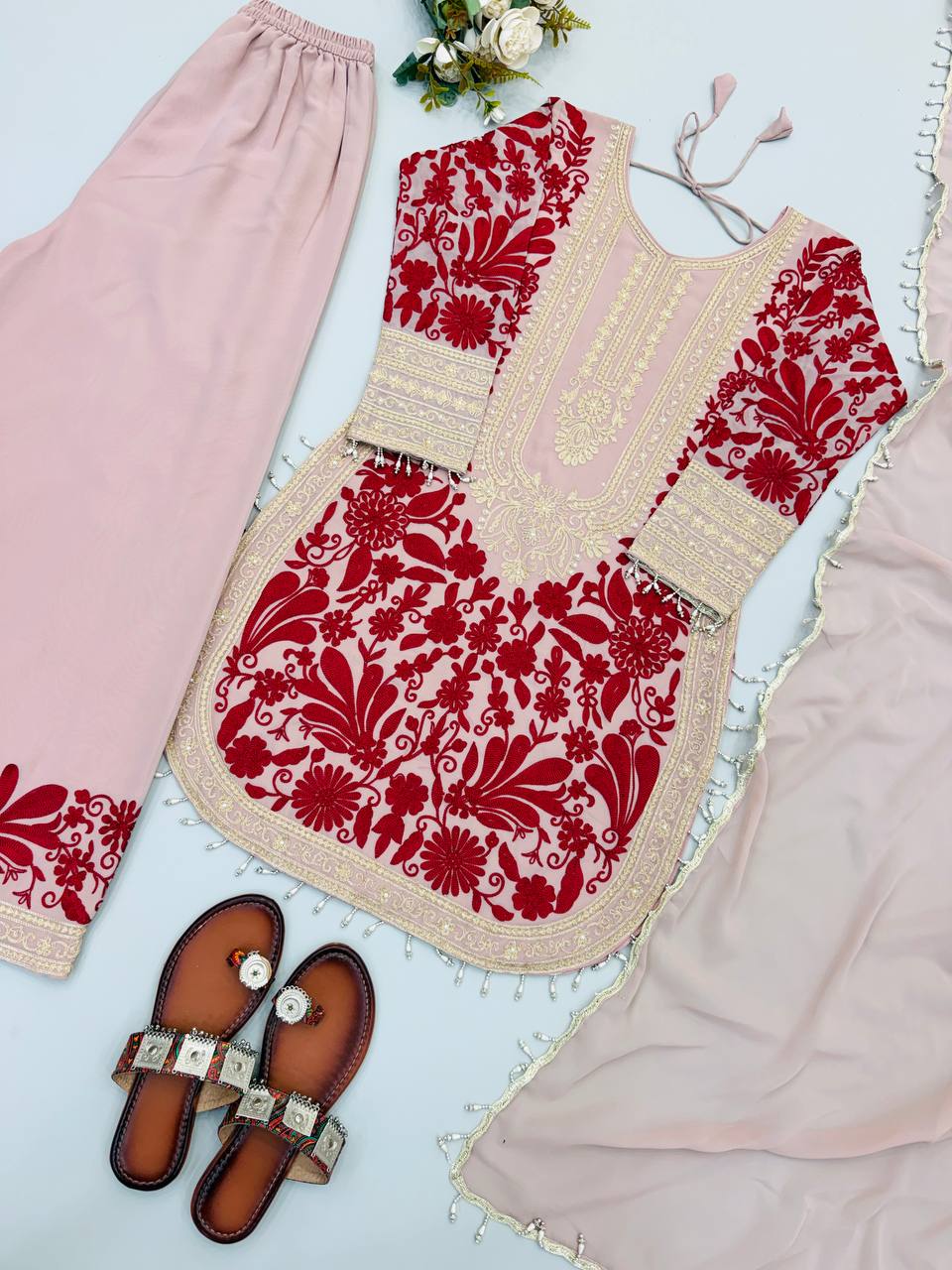 Designer Top, Pant & Dupatta in Heavy Faux Georgette with Chain Stitch Embroidery Sequence & Bead Work | SRK-5354