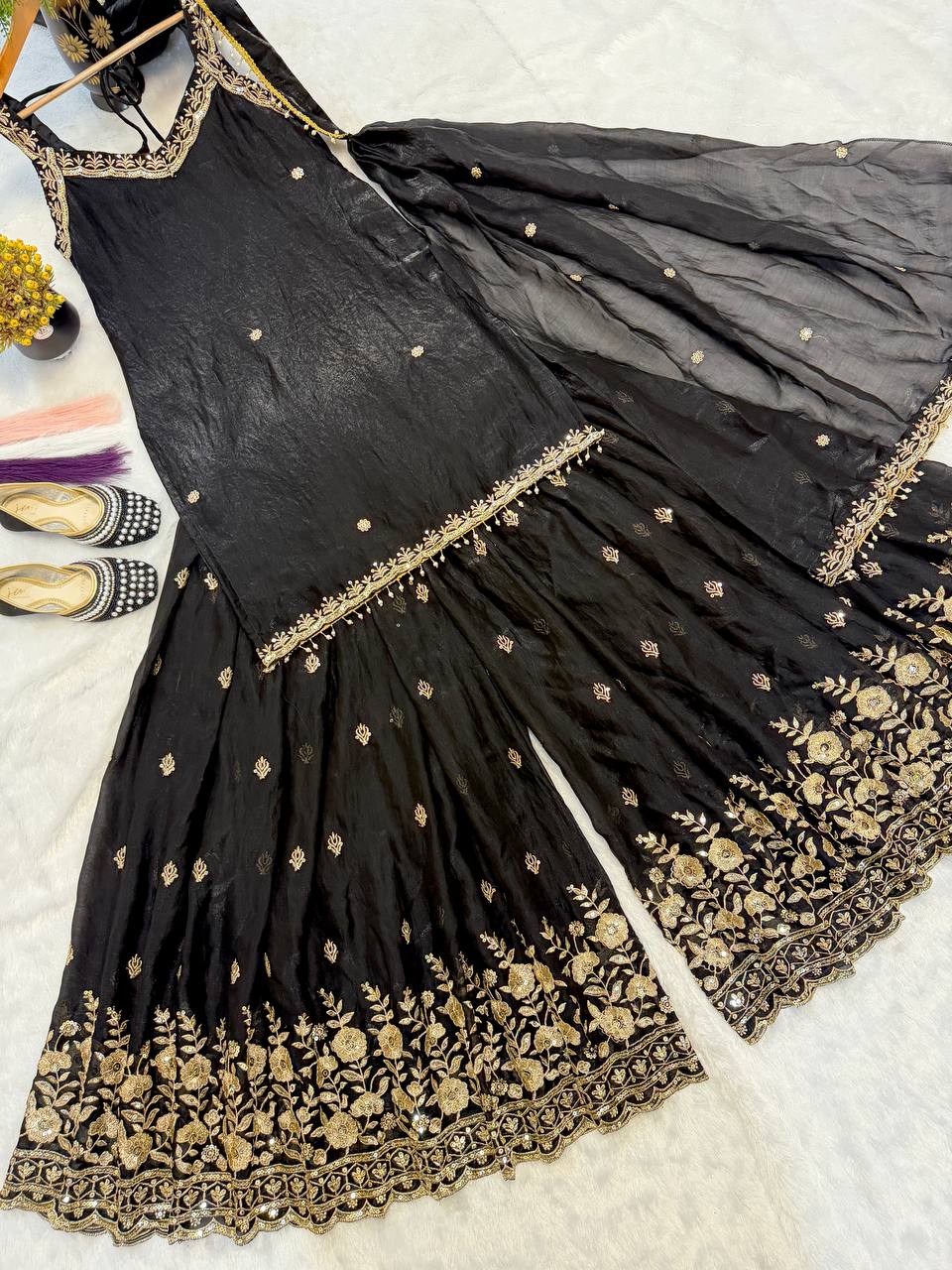 Designer Frendy Silk 5mm Sequin Multi Needle & Zari Embroidered Top Sharara & Dupatta Set