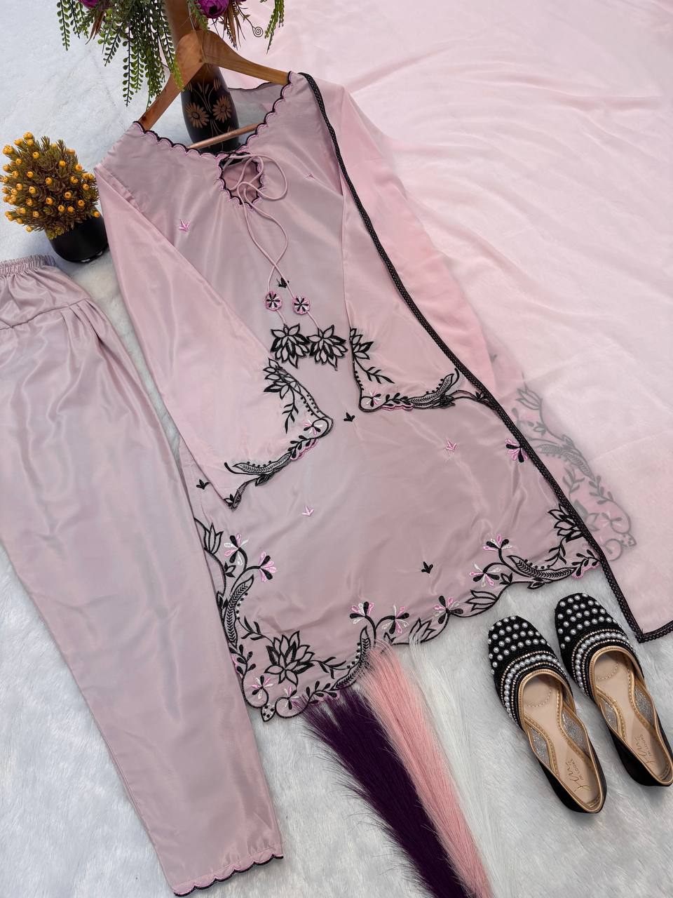 Designer Natural Crepe Silk Fancy Sleeve Embroidered Top Farshi Pant & Georgette Dupatta Set