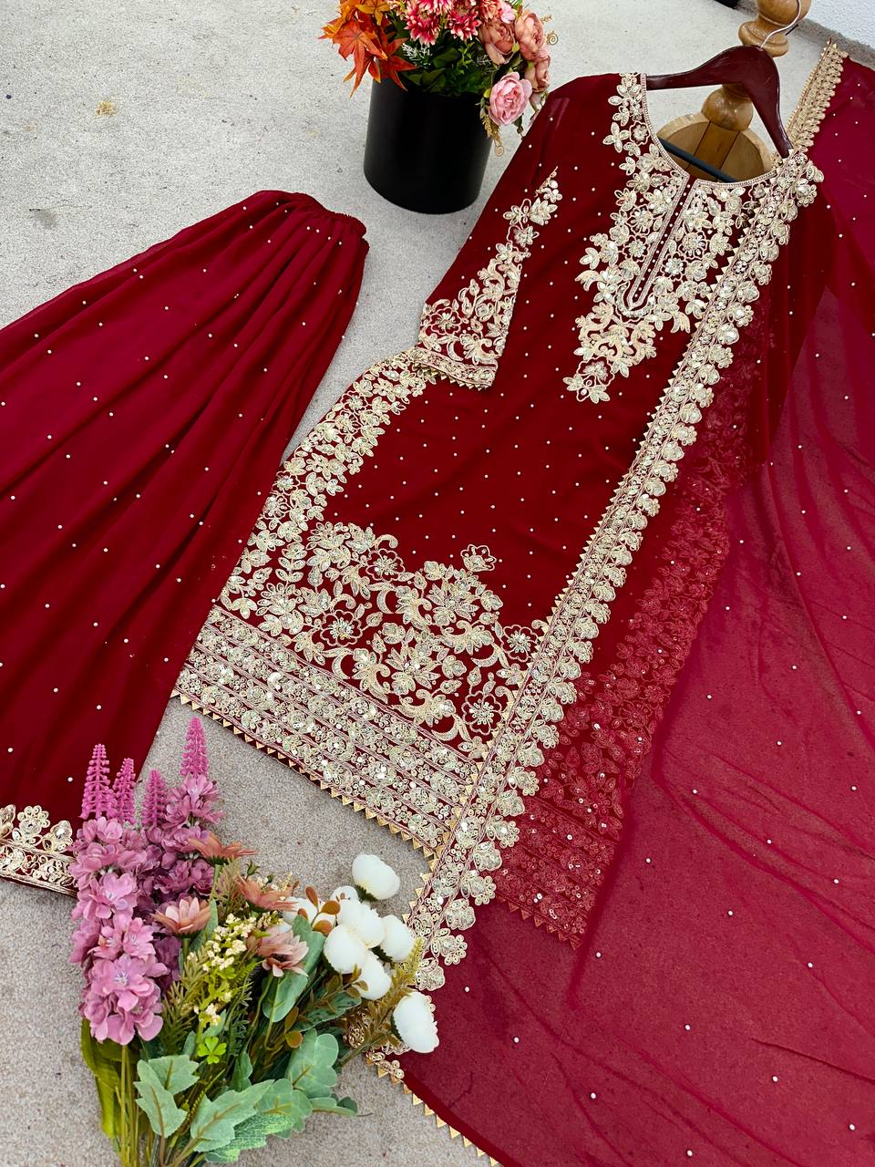 Maroon Georgette Coding Sequence Salwar Suit with Moti Work