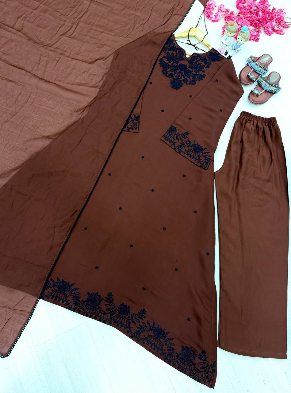 Designer Satin Mul Chanderi Kaftan Dress & Palazzo With Dupatta Set