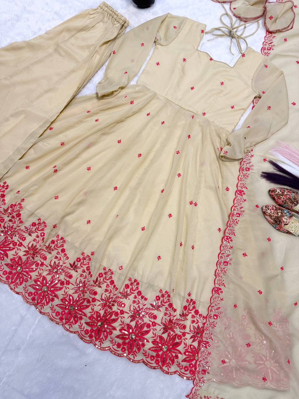 Designer Cosmos Silk Anarkali Suit with Sharara Palazzo and Dupatta