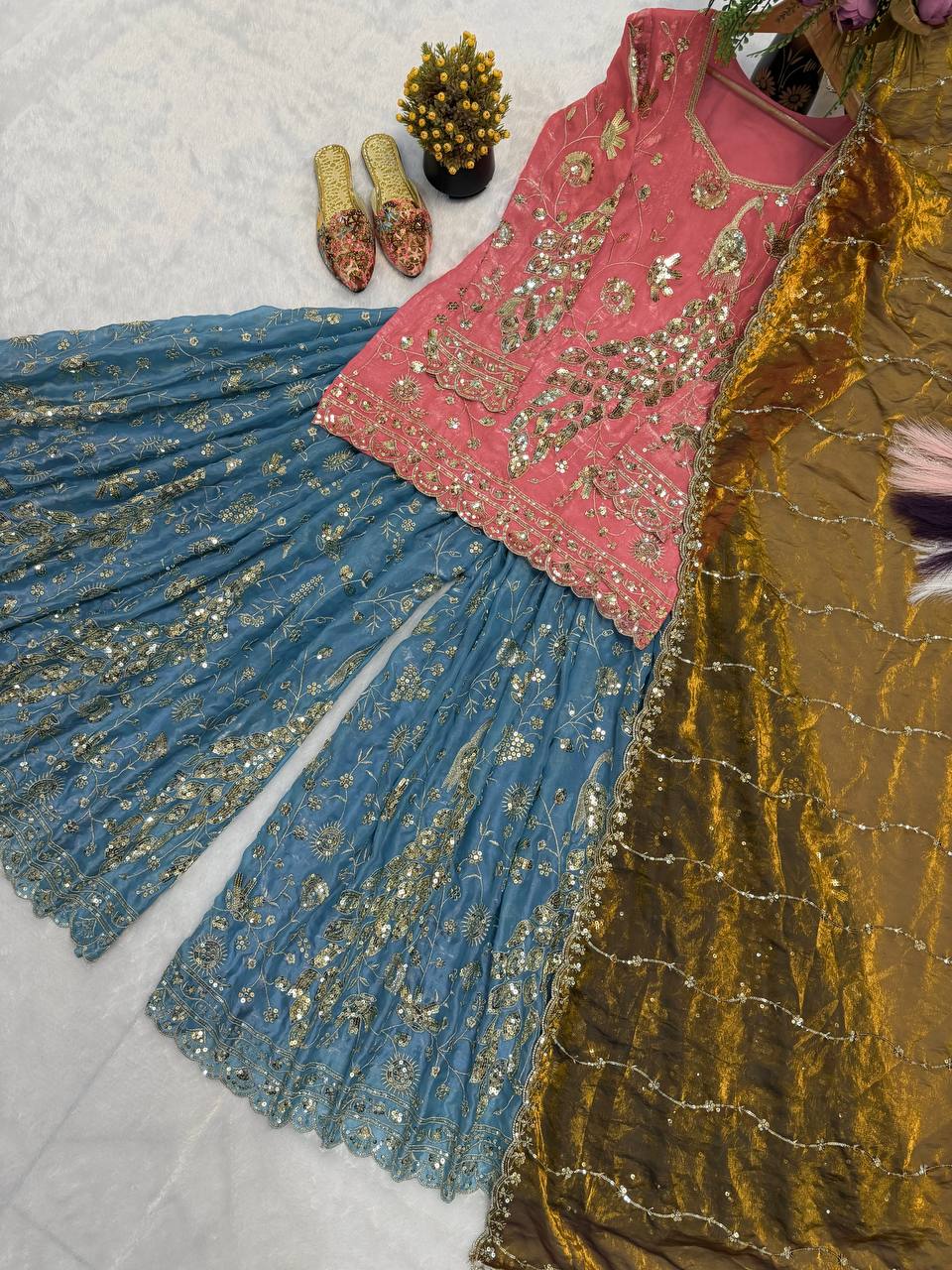 Designer Party Wear Fandy Crushi Silk Sequin Embroidered Top with Sharara Palazzo and Dupatta