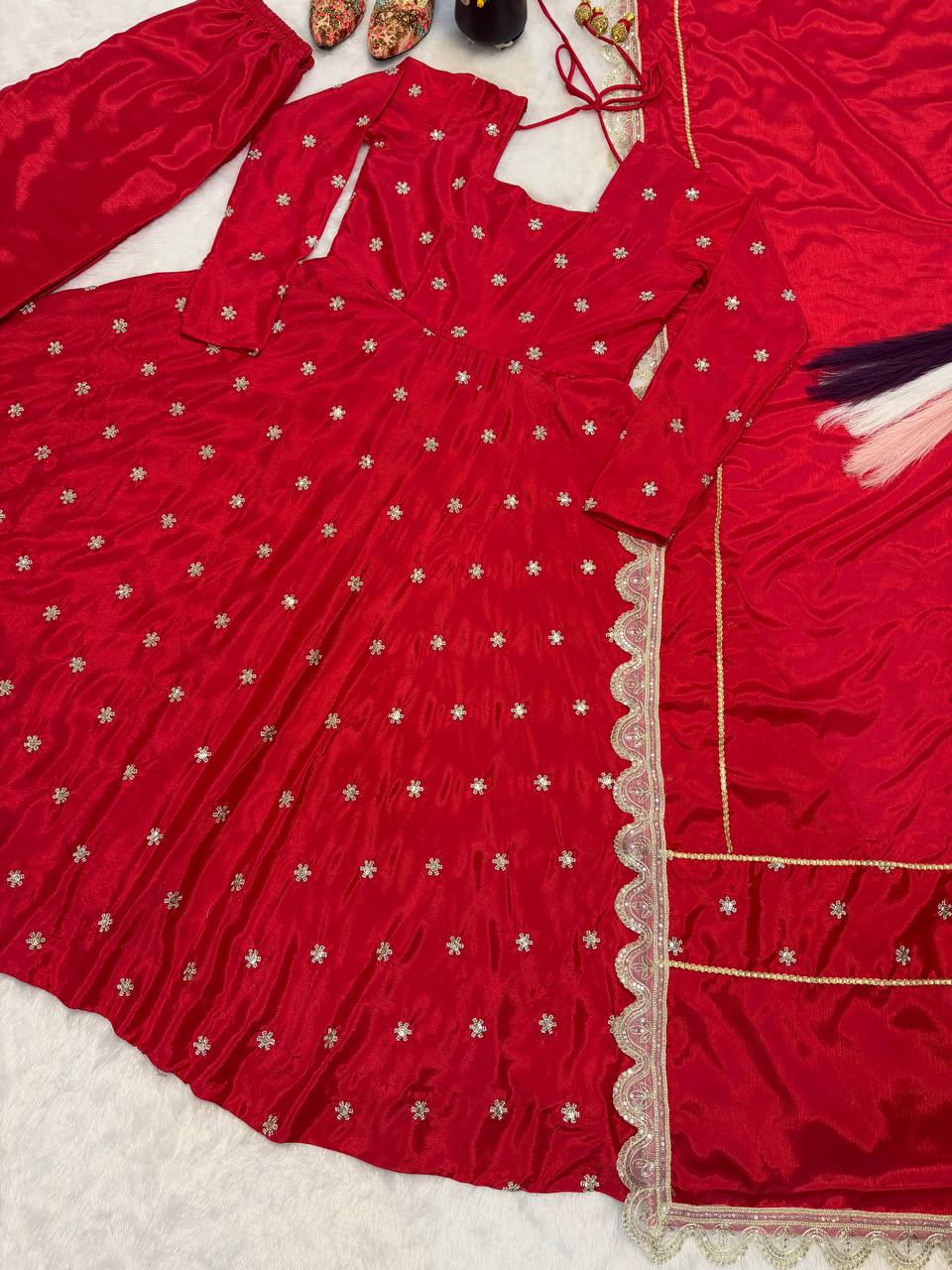 Designer Chinon Silk Anarkali Gown with Pant and Dupatta
