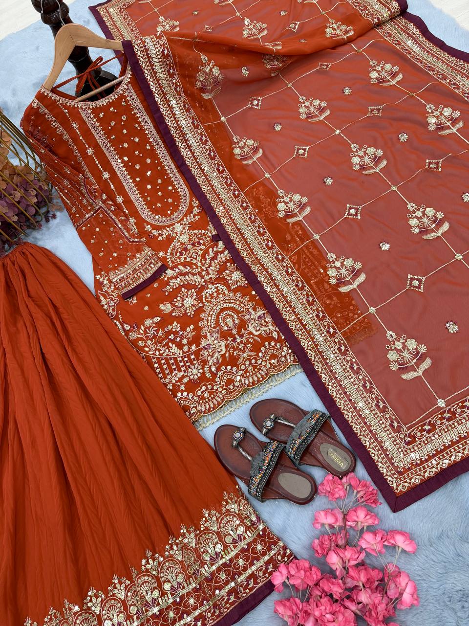 Orange Georgette Sequin & Moti Embroidered Palazzo Suit — Festive Wear