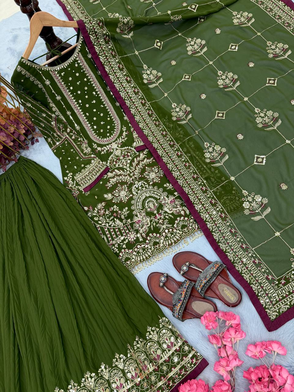 Mehendi Green Georgette Sequin & Moti Palazzo Suit — Festive Wear