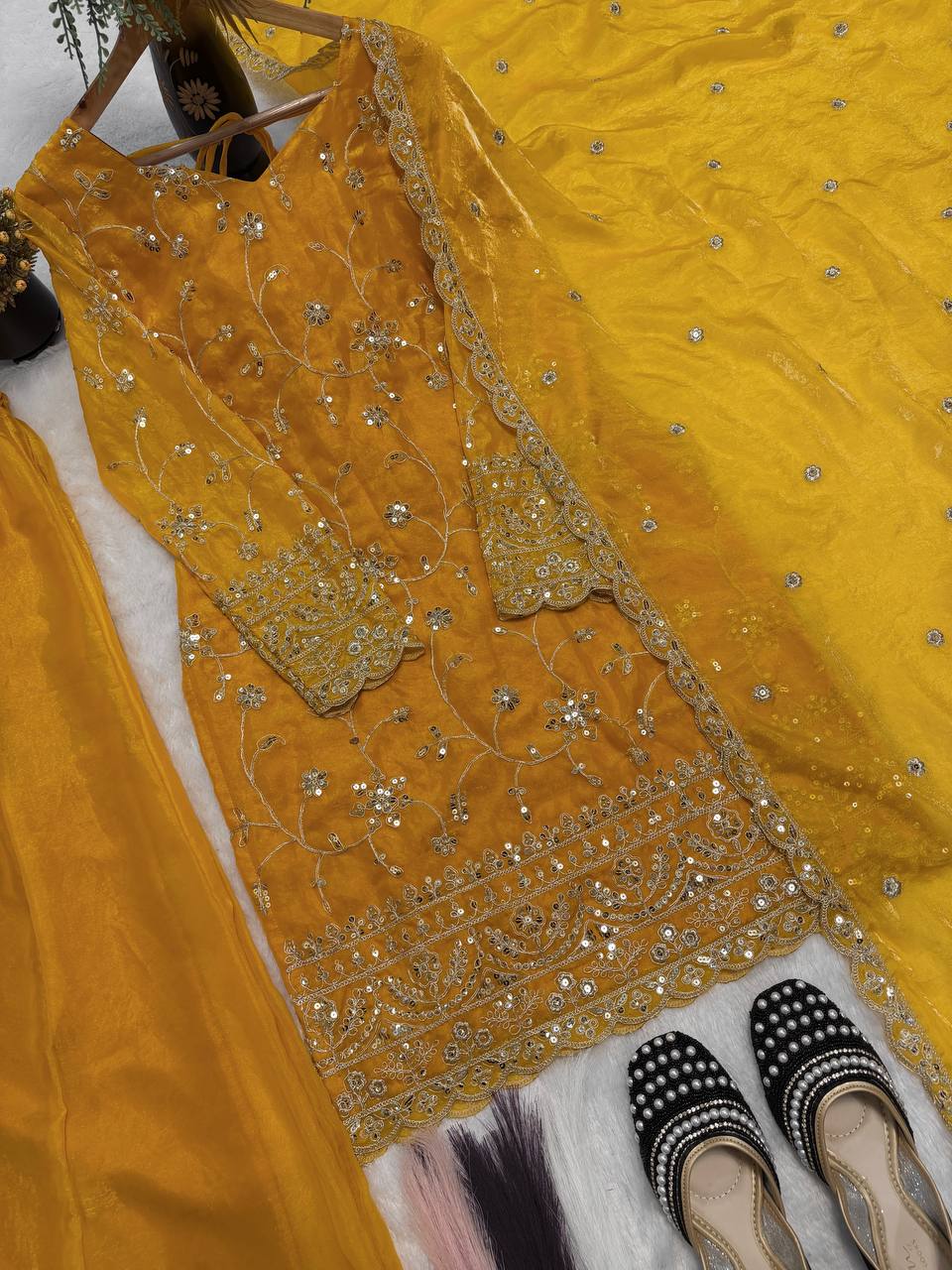 Designer Frendy Silk 5mm Sequin Thread & Zari Embroidered Kali Cut Top Palazzo & Dupatta Set
