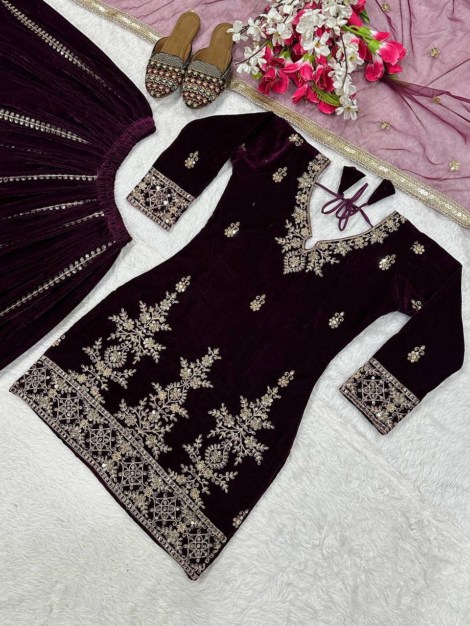 Designer Party Wear Top, Sharara Palazzo & Dupatta in Pure Heavy Viscous Velvet with Multi Needle Sequence