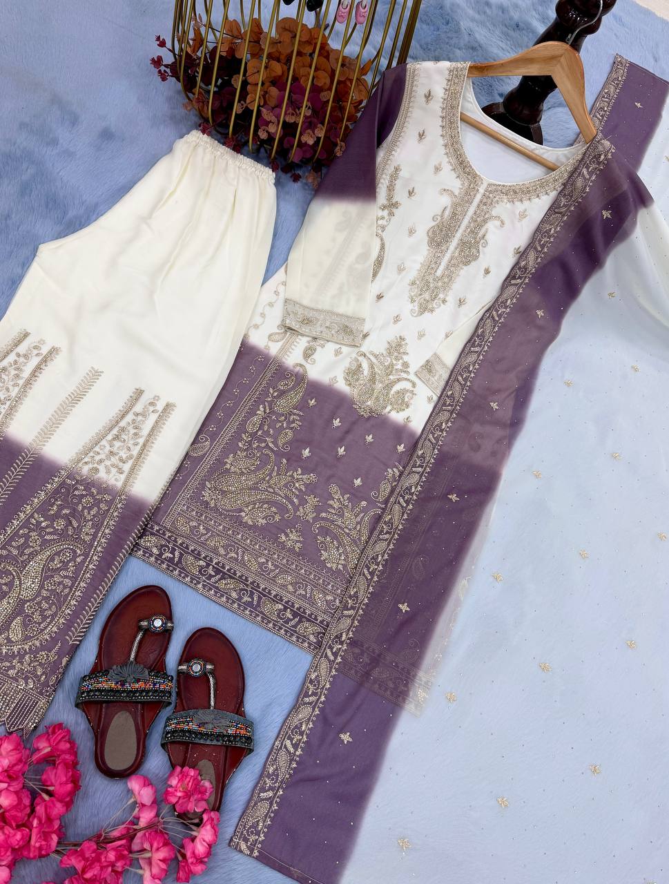 Designer Dual Tone Star Georgette Top Palazzo & Dupatta Set