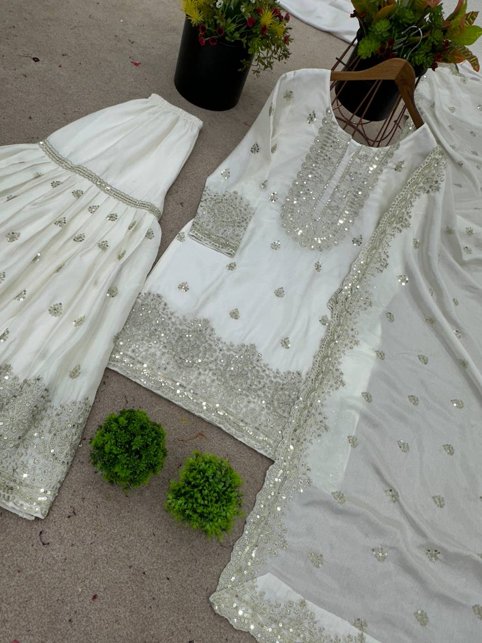 White & Gold Chinon Silk Sharara Palazzo Dupatta Set — Festive Wear