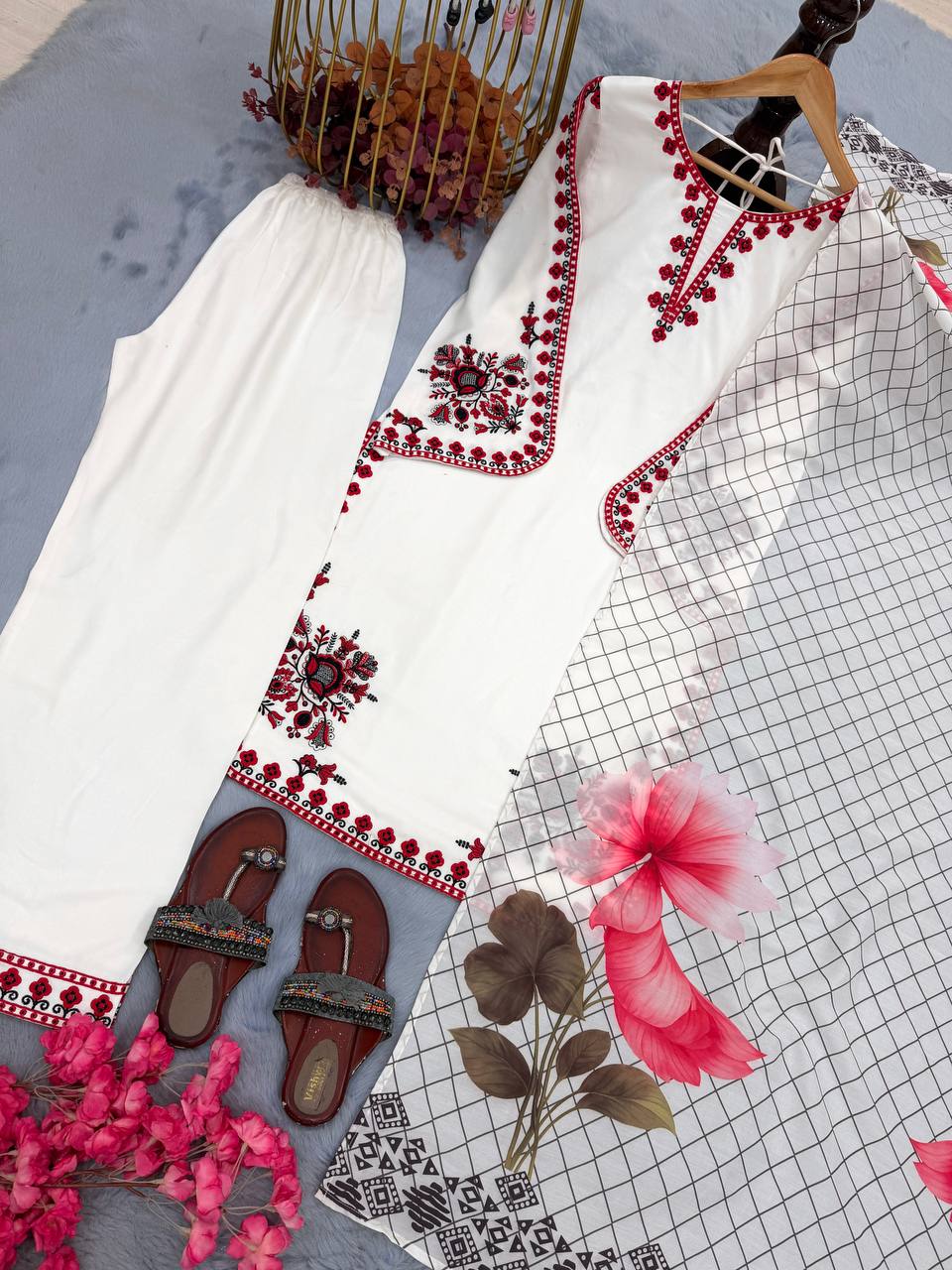 Designer Pure Satin Rayon Embroidered Top Palazzo & Dupatta Set
