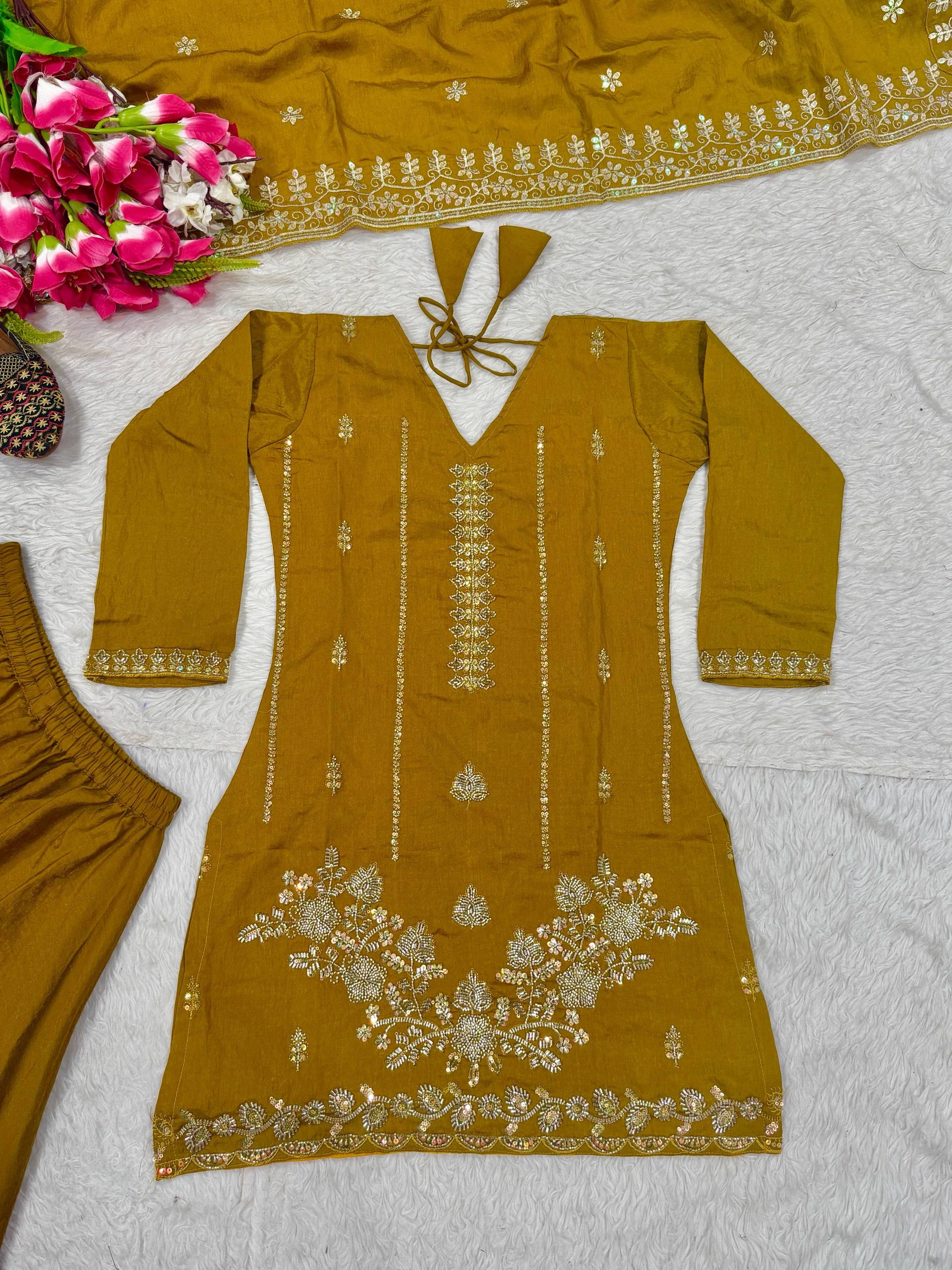 Designer Party Wear Top, Sharara Palazzo & Dupatta in NC Vichitra with Hand Work | ND-5064