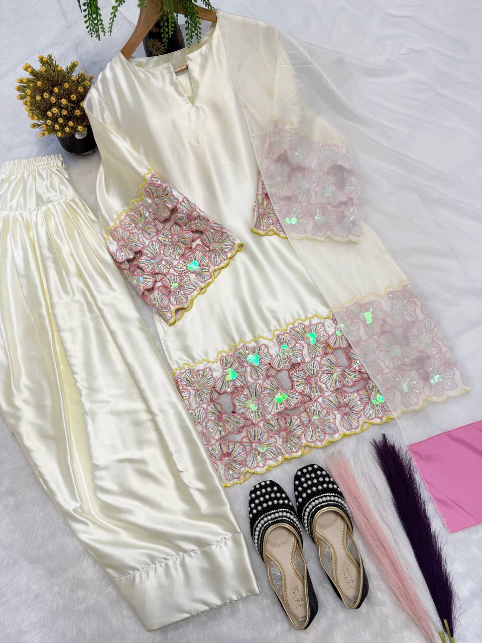 Designer Natural Crepe Silk Moti & Sequin Hand Work Top Farshi Salwar & Organza Dupatta Set