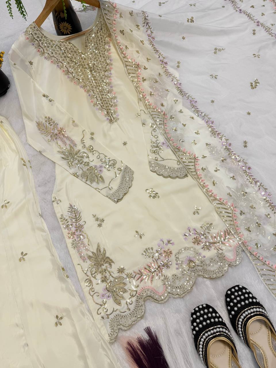 Designer Natural Crepe Silk Multi Needle Sequin Embroidered Top Sharara Palazzo & Organza Dupatta Set