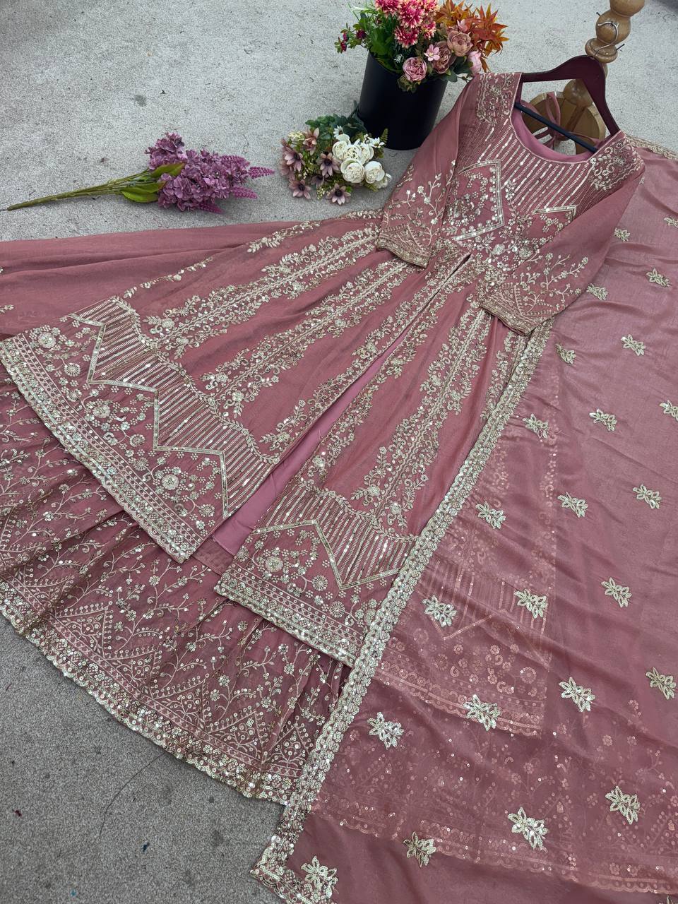 Peach Crunchy Silk Lace Embroidered Gown — Wedding & Party Wear