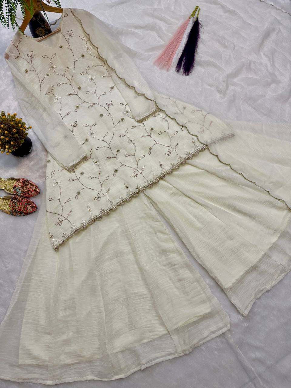 Designer Party Wear Crunchy Georgette Silk Embroidered Top with Sharara Palazzo and Dupatta
