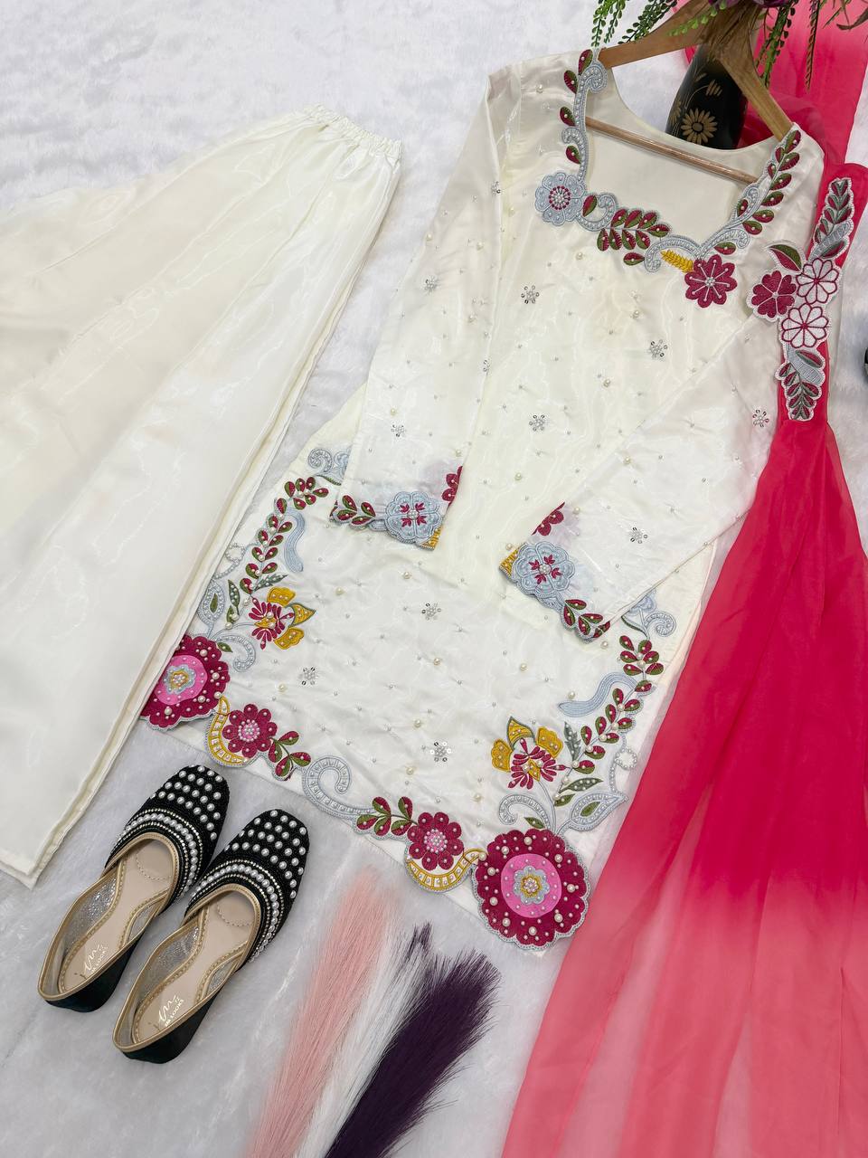 Designer Party Wear Roman Glass Silk Top with Sharara Palazzo and Dupatta