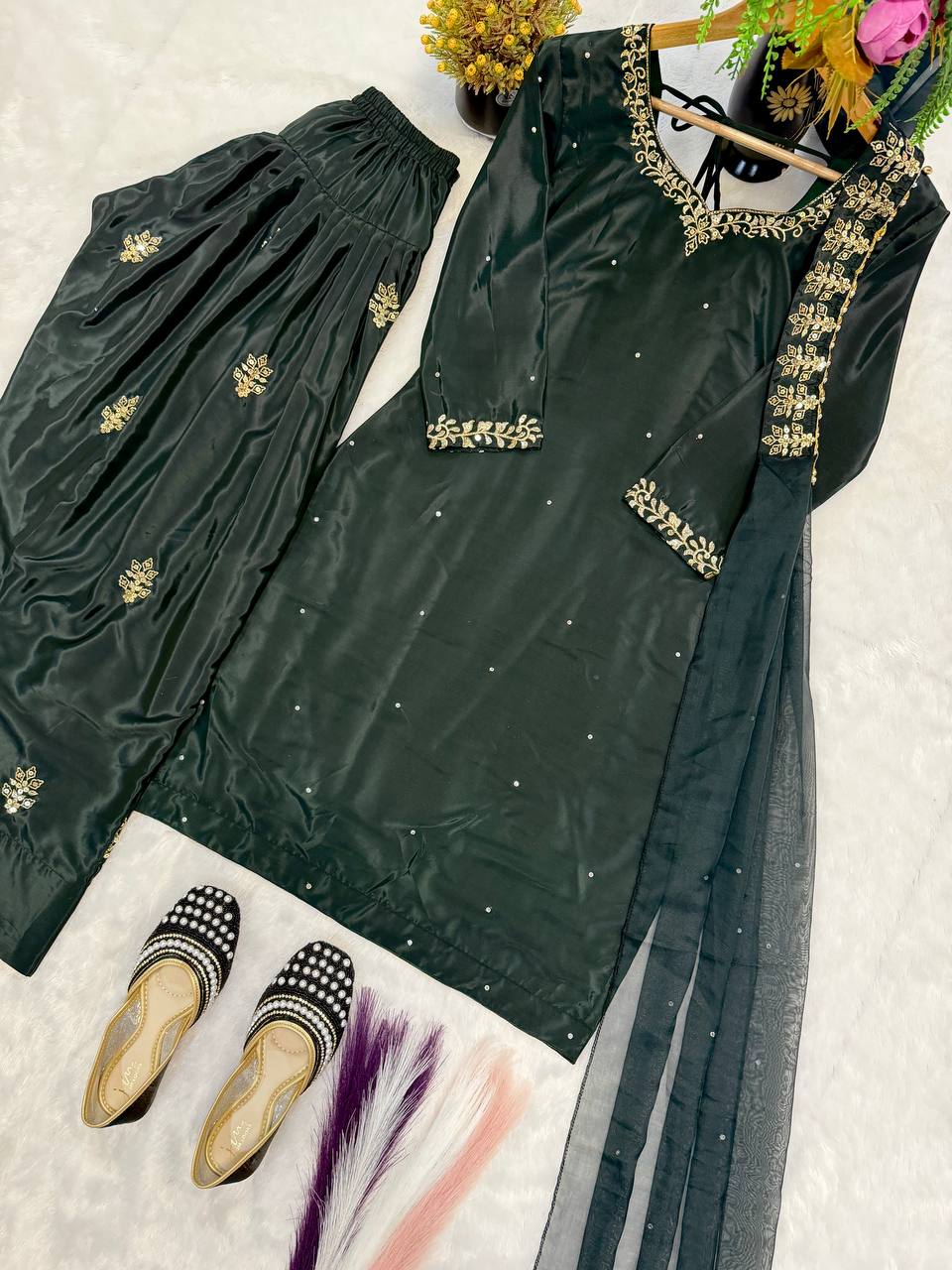 Designer Natural Crepe Silk Diamond Hand Work & Sequin Embroidered Top Farshi Salwar & Organza Dupatta Set