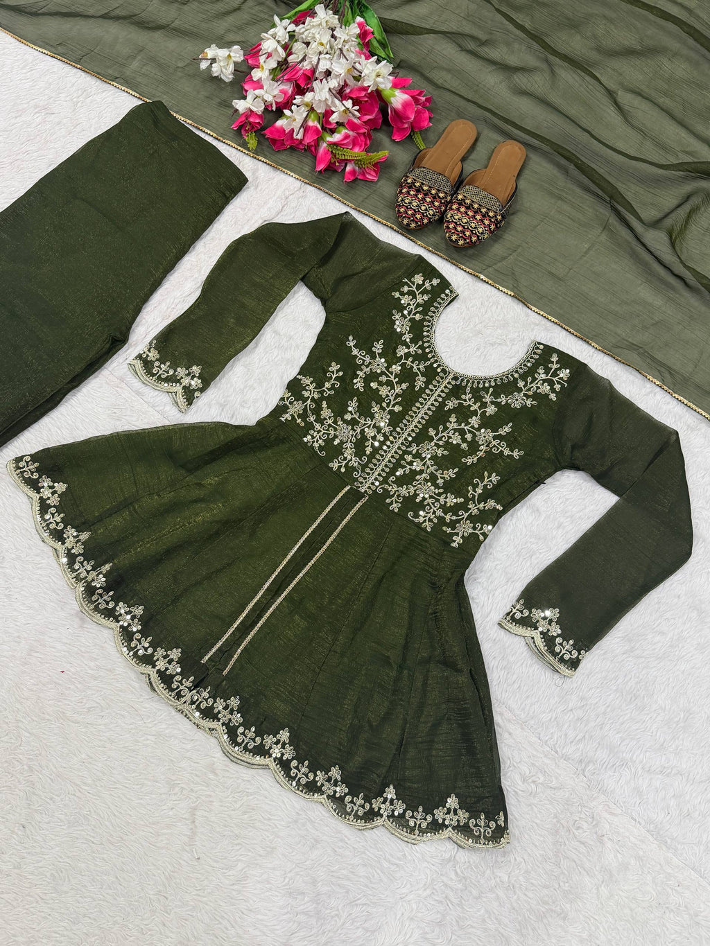 Designer Party Wear Top, Palazzo & Dupatta in Heavy Crunchy Silk with Sequence Embroidery