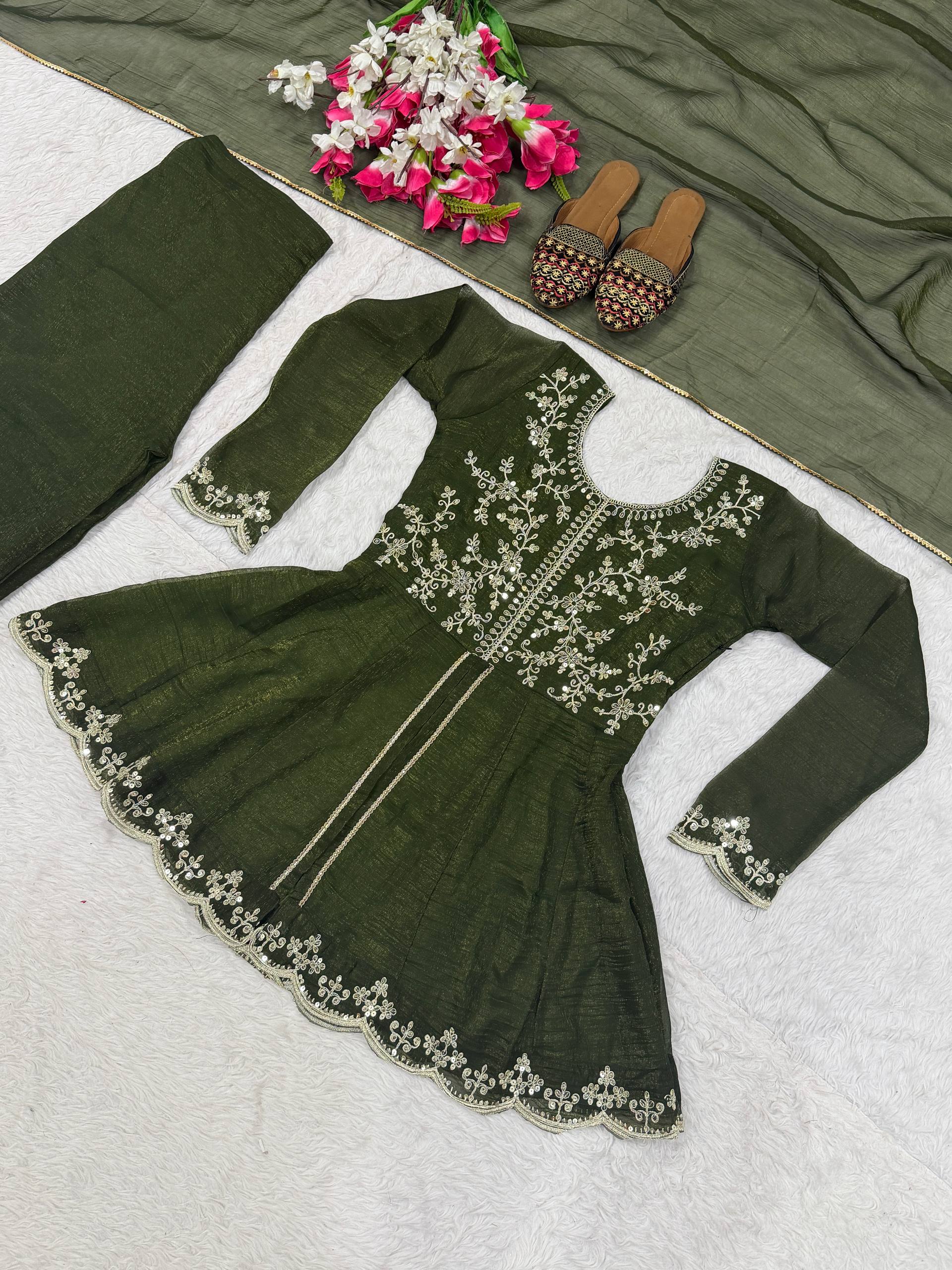 Designer Party Wear Top, Palazzo & Dupatta in Heavy Crunchy Silk with Sequence Embroidery