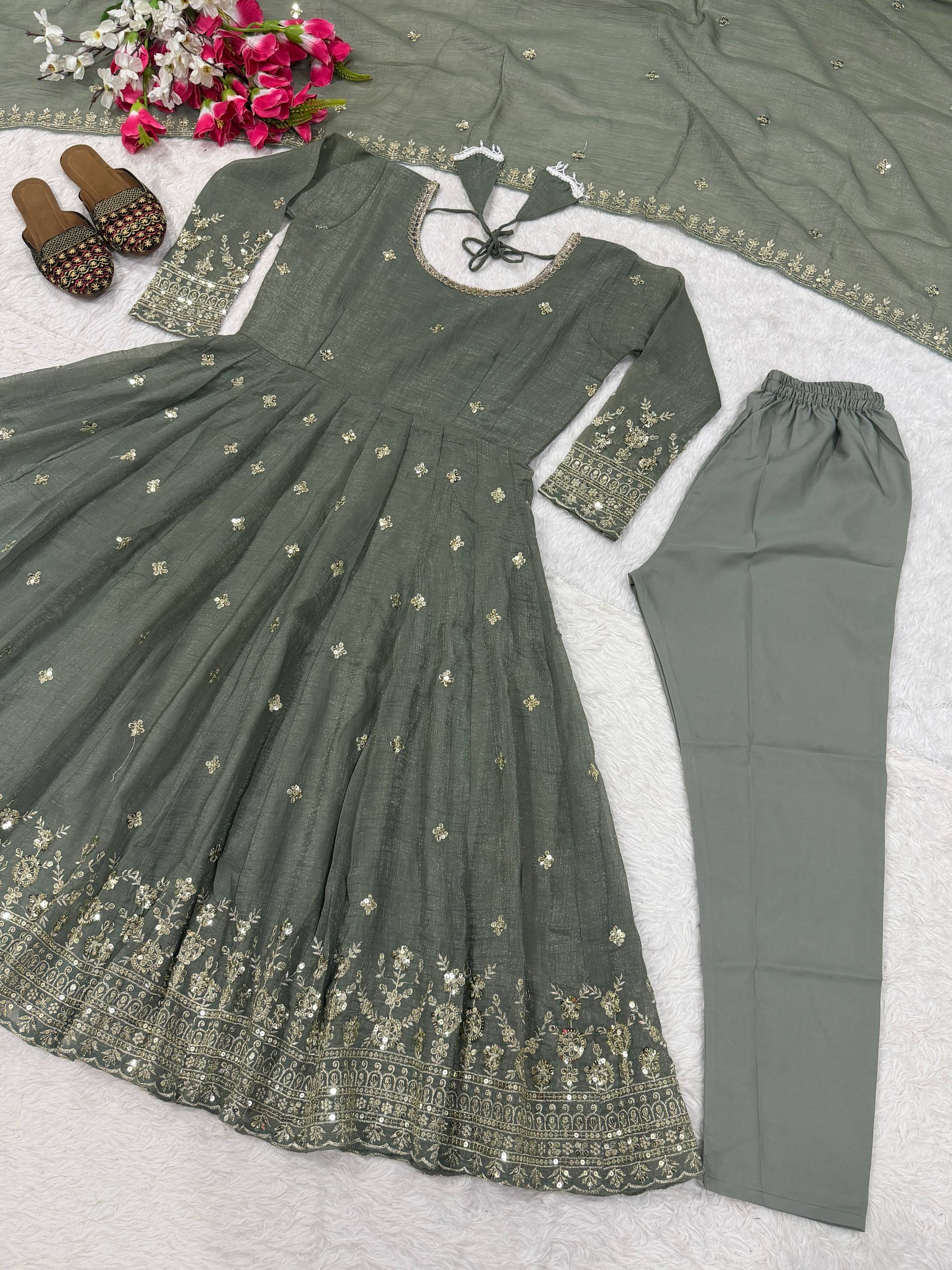 Designer Anarkali Suit in Heavy Crunchy Silk with Sequence Embroidery Work | ND-5065
