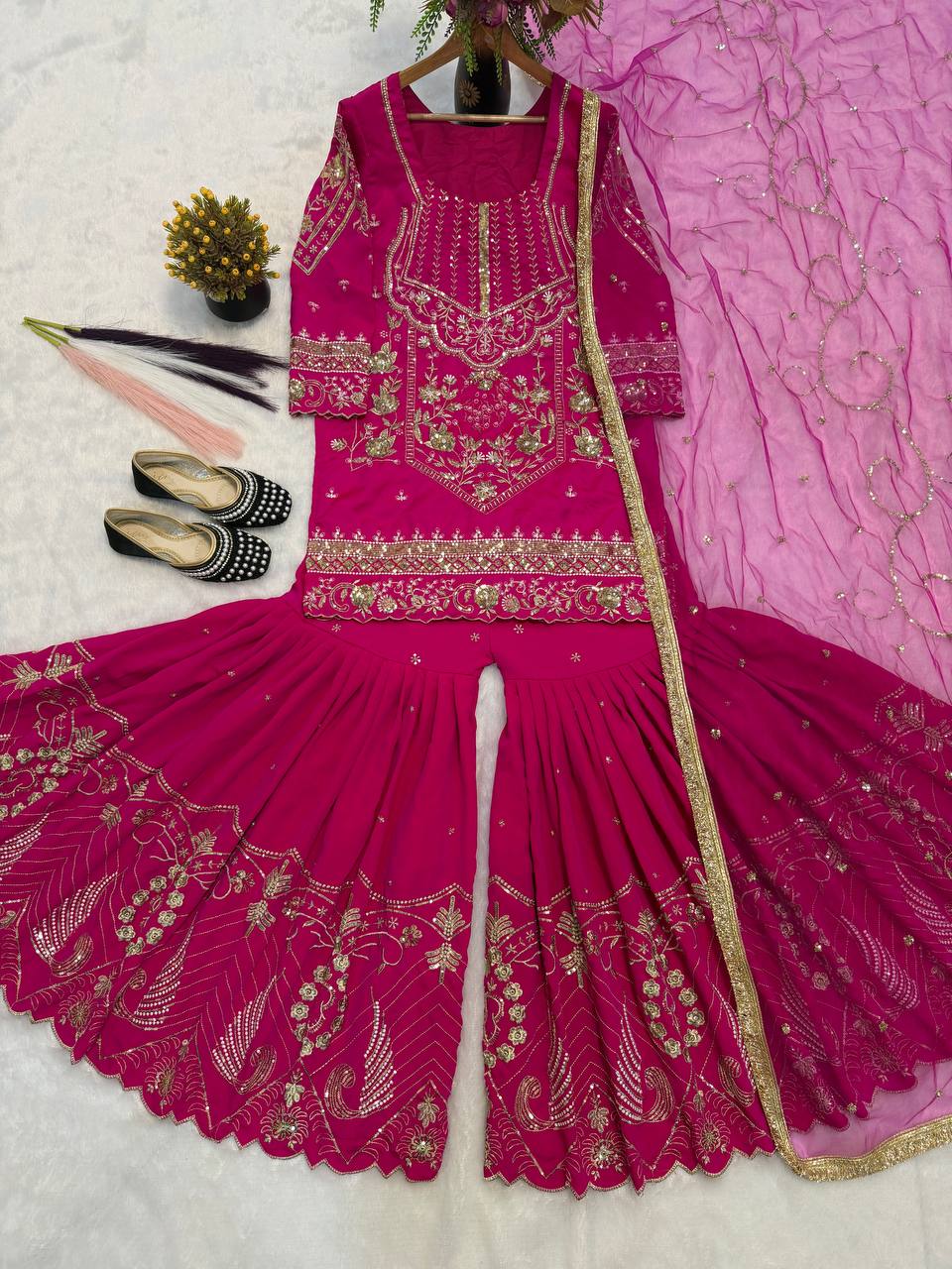 Designer Heavy Sindoor Silk 3mm Sequin Embroidered Top Sharara Palazzo & Dupatta Set