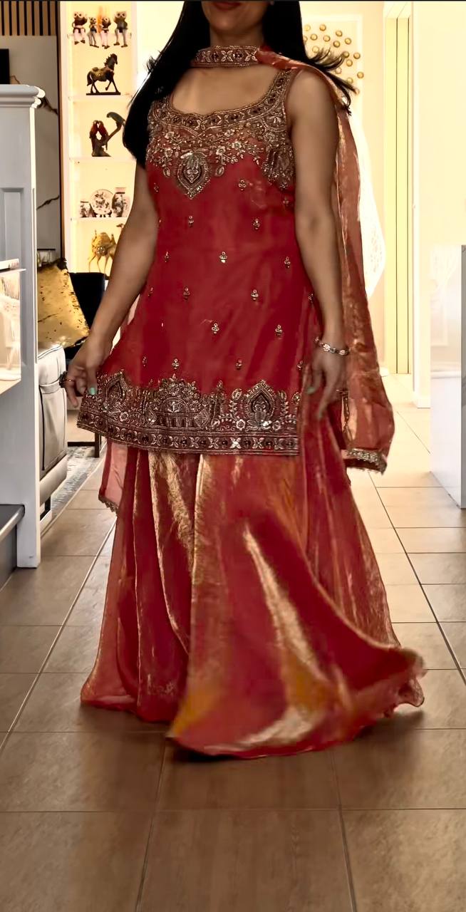 Designer Frendy Silk Bead & Sequin Embroidered Top Palazzo & Dupatta Set