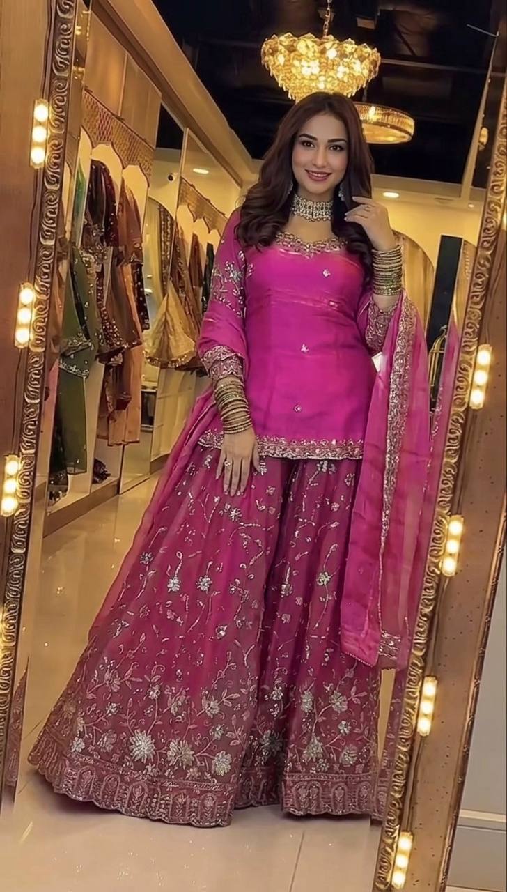 Designer Frendy Silk Sequin & Zari Embroidered Kali Cut Top Palazzo & Dupatta Set