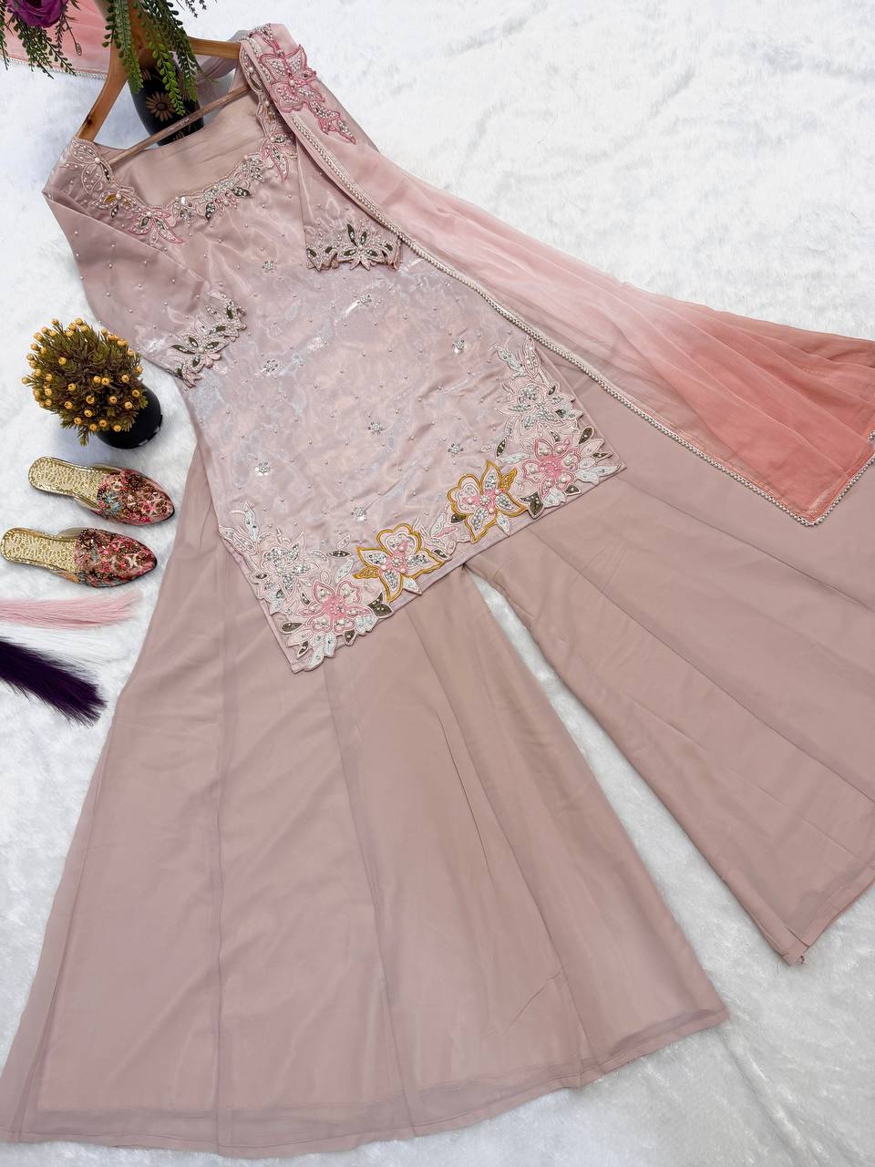 Designer Party Wear Roman Glass Silk Embroidered Top with Sharara Palazzo and Dupatta | MC-2047