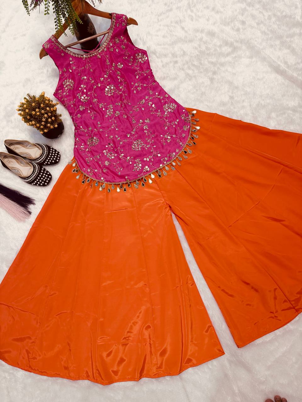 Designer Chinon Silk Sequin & Zari Embroidered Top Sharara Set