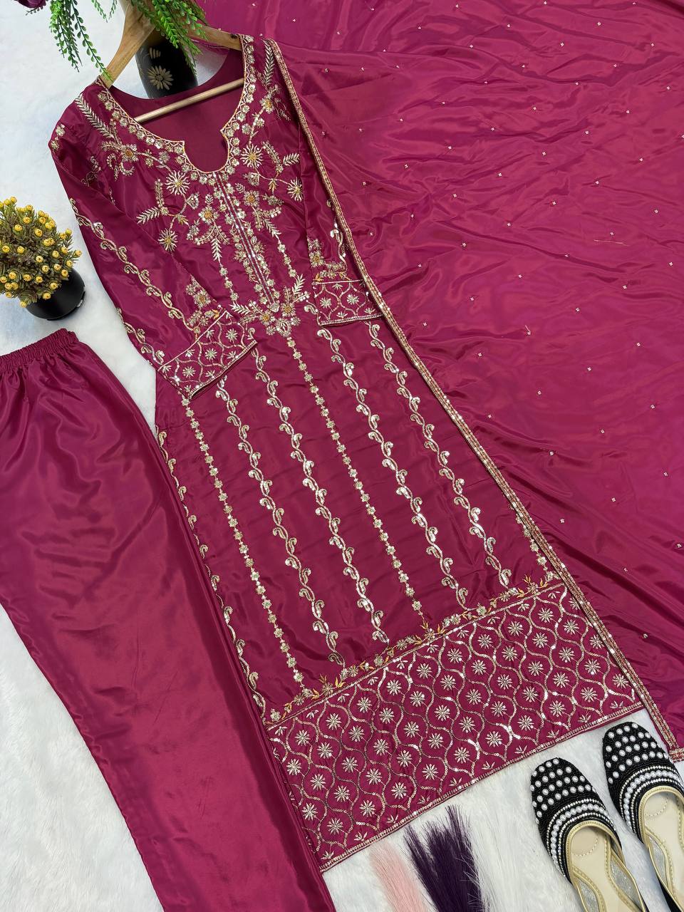 Designer Heavy Natural Crepe Silk Multi Needle Sequin Embroidered Long Suit Top Pant & Dupatta Set