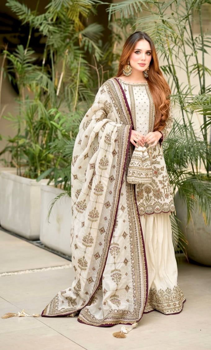 Georgette Sequin & Moti Embroidered Palazzo Suit — Multi Colour Festive Wear