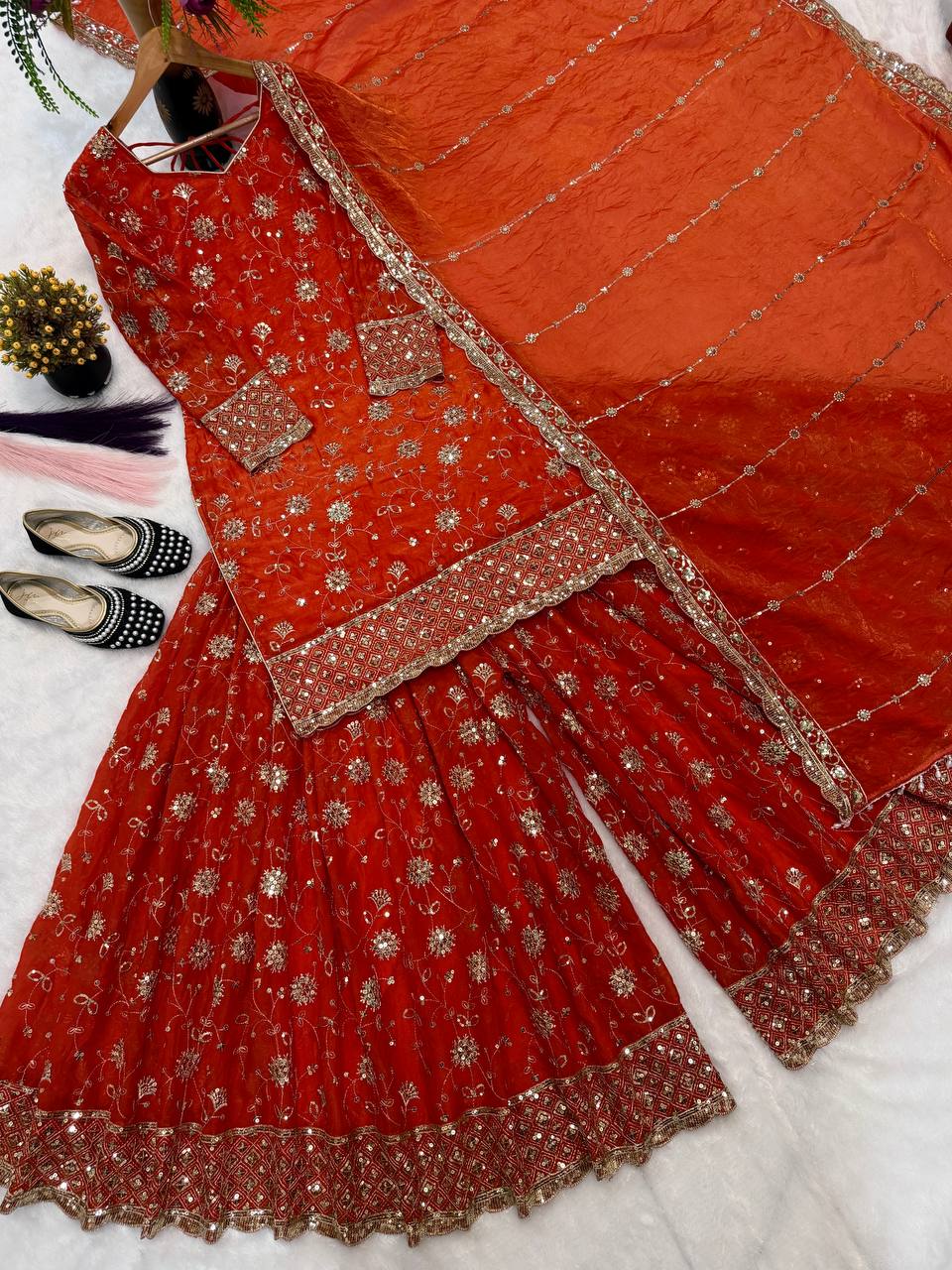 Designer Frendy Silk Thread & Sequin Zari Work Top Palazzo & Dupatta Set