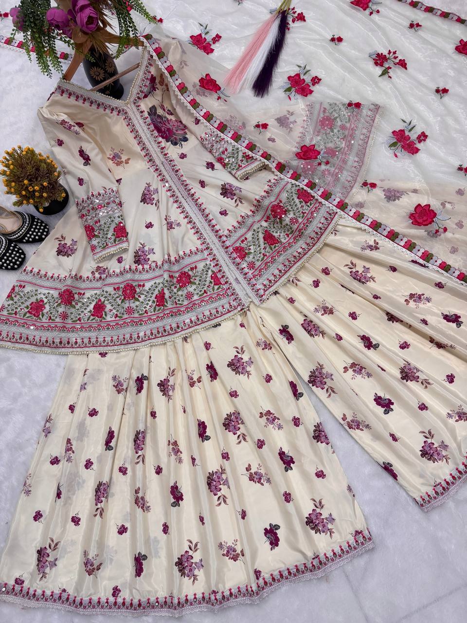 Designer Crepe Silk Peplum Top Sharara Palazzo & Embroidered Net Dupatta Set