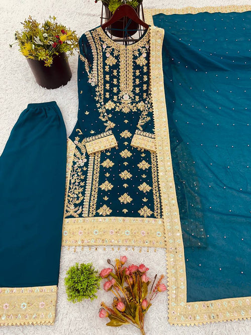 Blue Silk Embroidered Salwar Kameez — Pakistani Wedding & Eid Party Dress