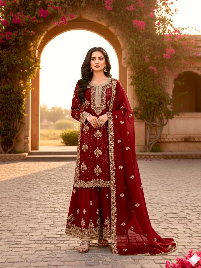 Silk Embroidered Stones Sequins Palazzo Suit Festive Wear