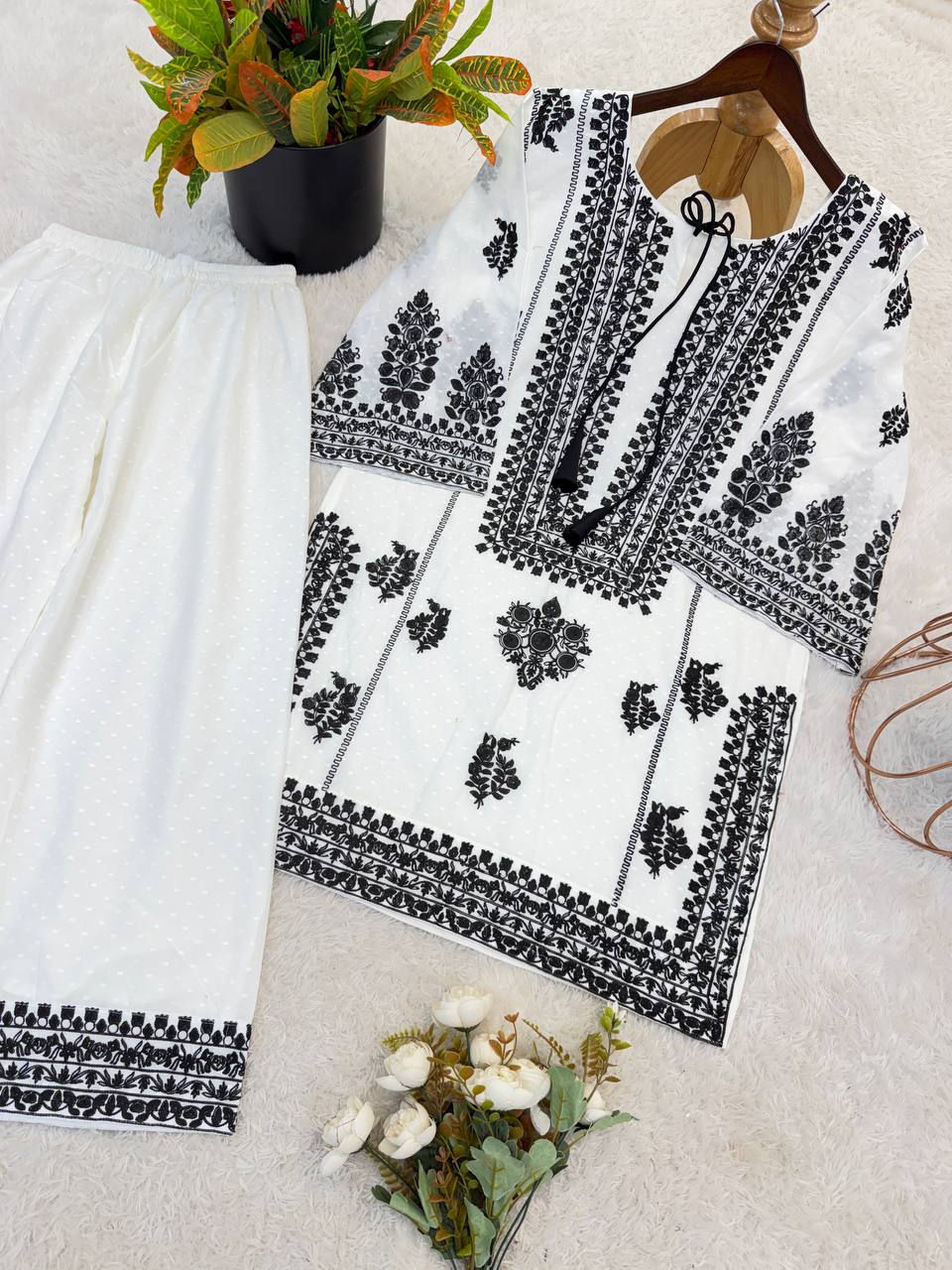 Designer Top & Pant in Rayon Butti Silk with Embroidery Chain Stitch Work | SRK-5349