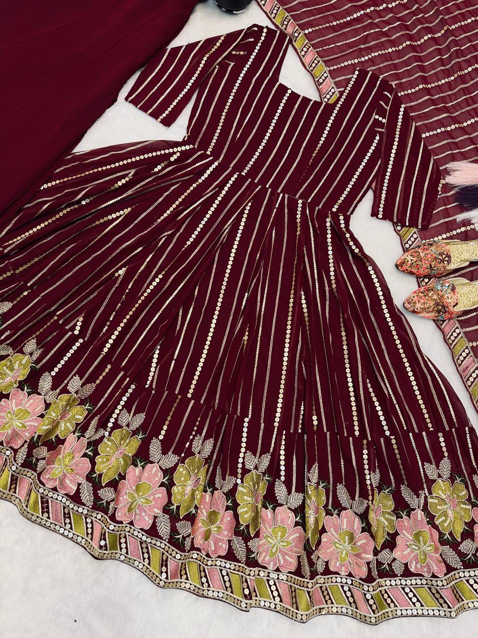 Designer Faux Georgette Anarkali Suit with Sharara Palazzo and Dupatta