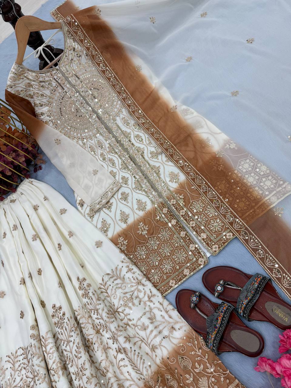White and Brown Faux Georgette Embroidered Sequins Palazzo Suit Festive Wear