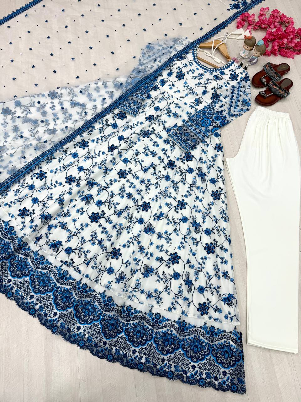 White Georgette & Organza Silk Embroidered Gown — Wedding & Festive Wear