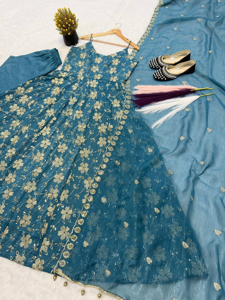 Designer Heavy Crushi Silk Sleeveless Bead Hand Work Anarkali Suit with Pant & Dupatta