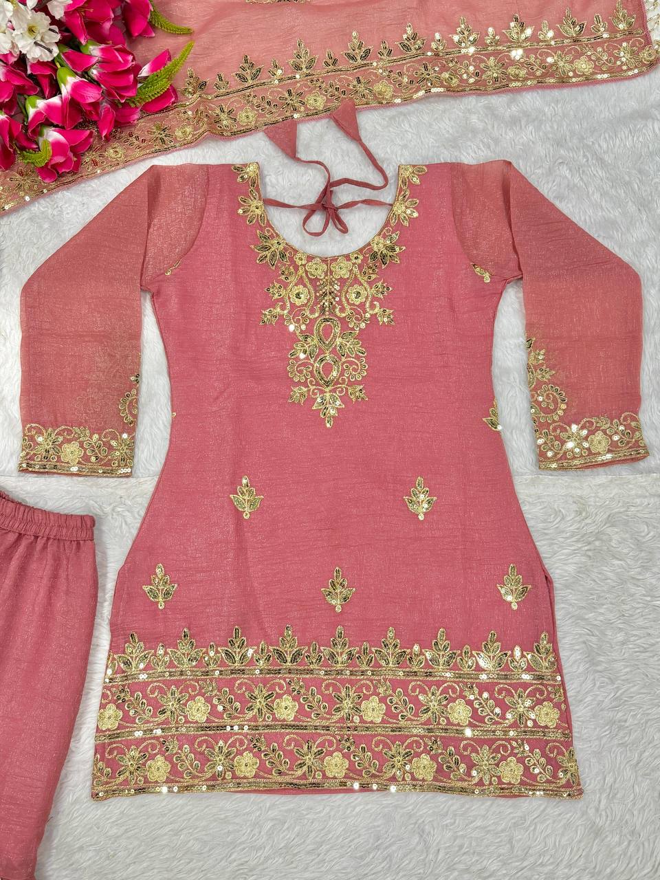 Designer Party Wear Top, Sharara Palazzo & Dupatta in Heavy Crunchy Silk with Sequence Embroidery | 5060