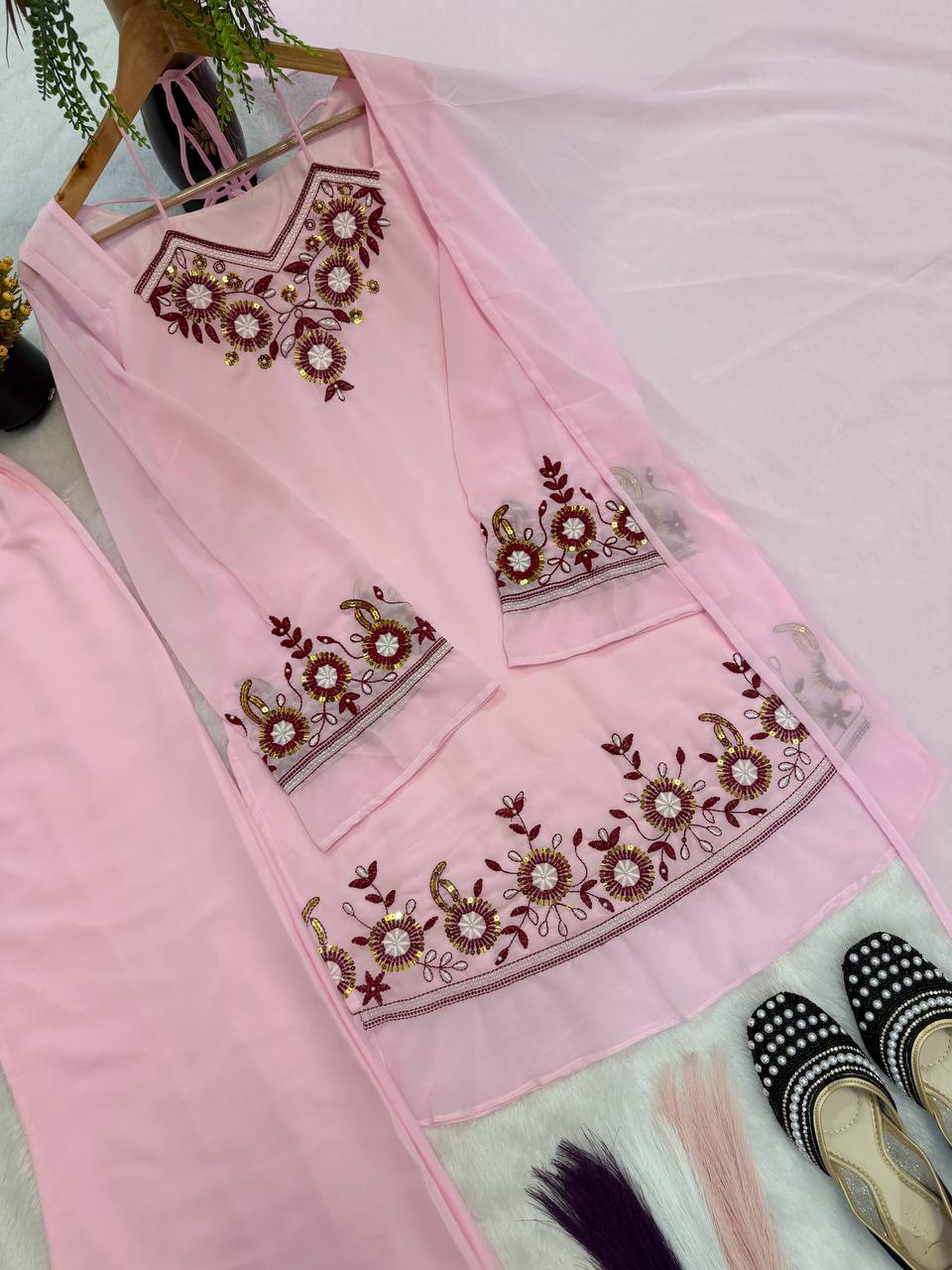 Designer Heavy Faux Georgette Multi Needle Sequin Embroidered Top Palazzo & Dupatta Set