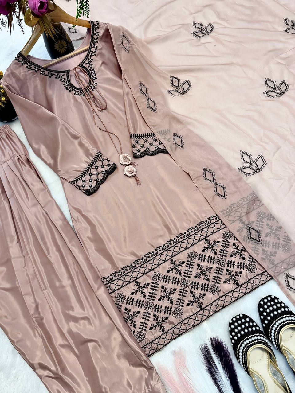 Designer Natural Crepe Silk Embroidered Top Farshi Salwar & Tabby Organza Dupatta Set