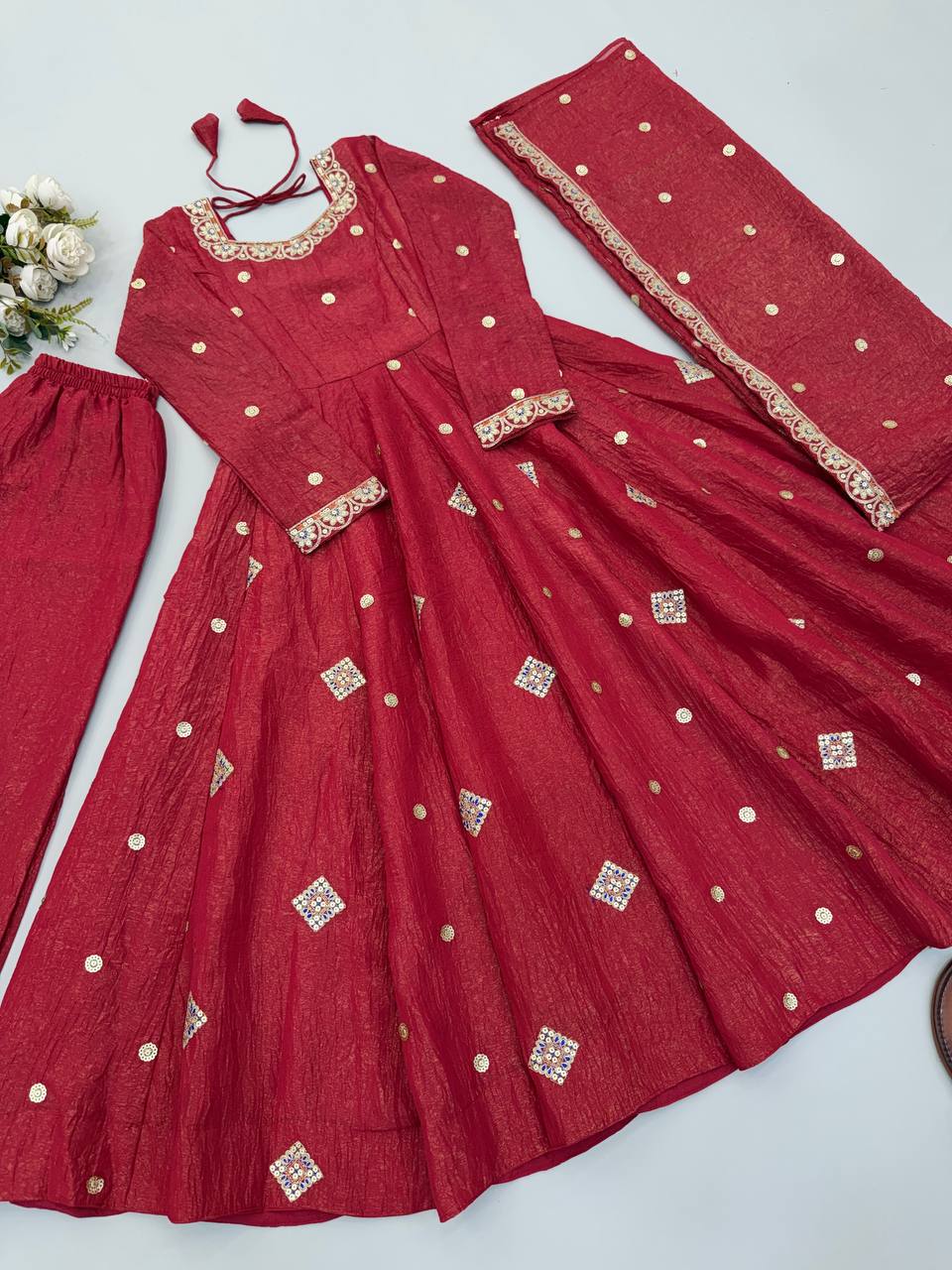 Designer Gown with Pant & Dupatta in Crunchy Silk with Embroidery Sequence Work & Full Flair | SRK-5351