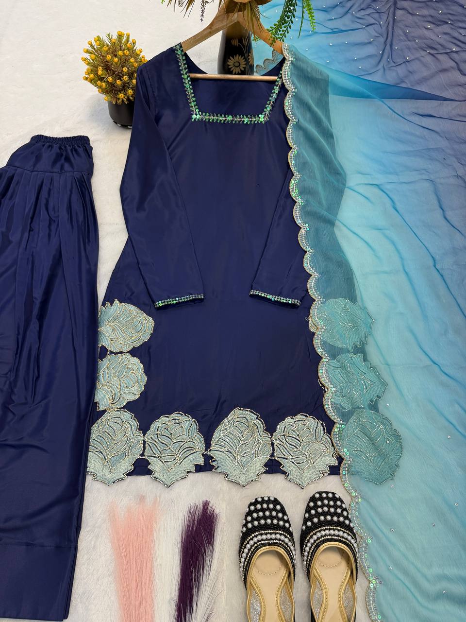Designer Natural Crepe Silk Diamond Sequin Embroidered Top Farshi Salwar & Chiffon Dupatta Set