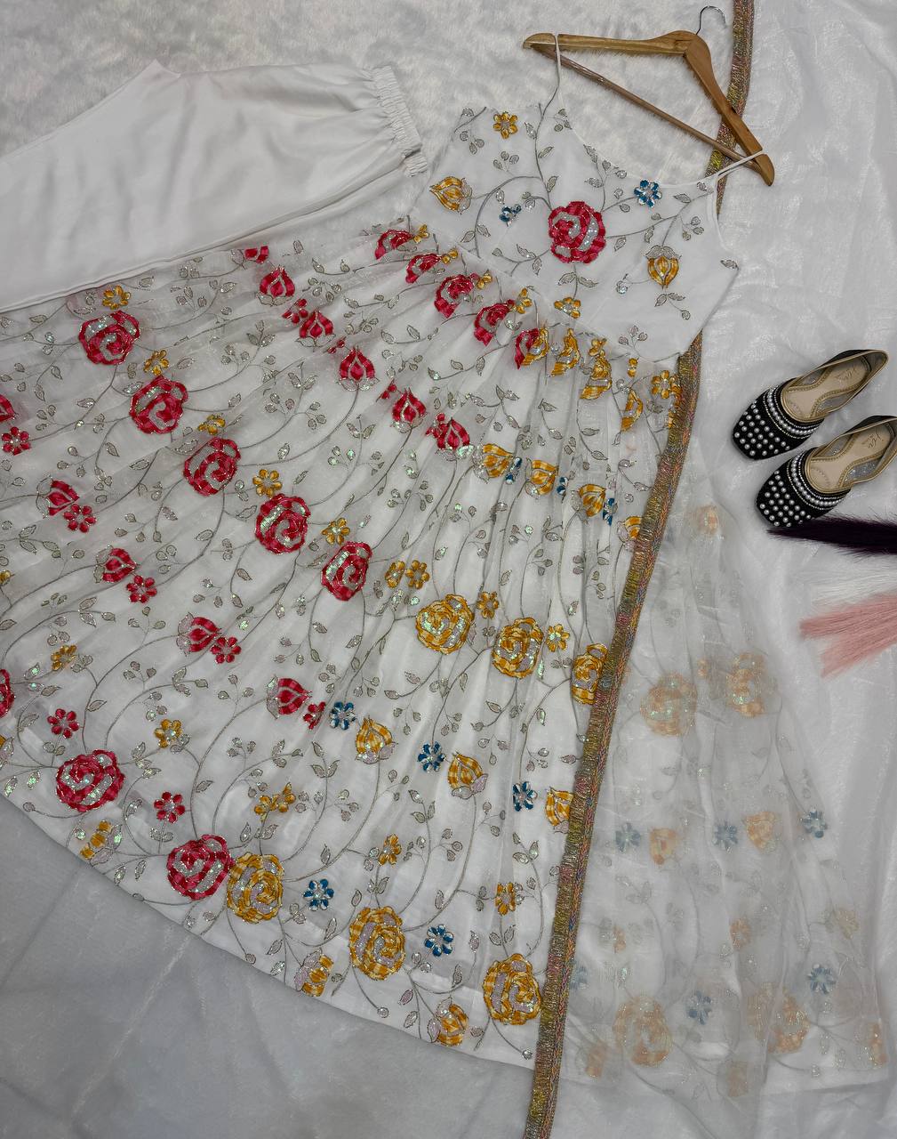 Designer Heavy Crushi Silk Sleeveless Anarkali Suit with Pant & Dupatta